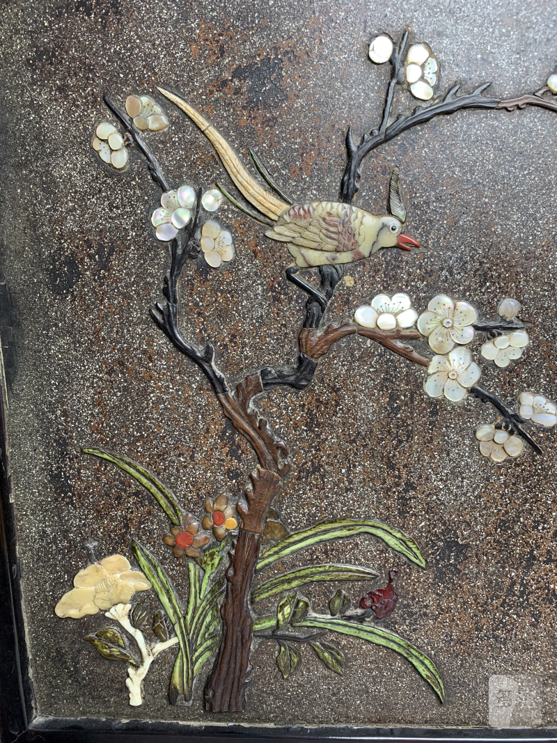 清 黑漆洒螺钿百宝嵌花鸟纹插屏 - 图4